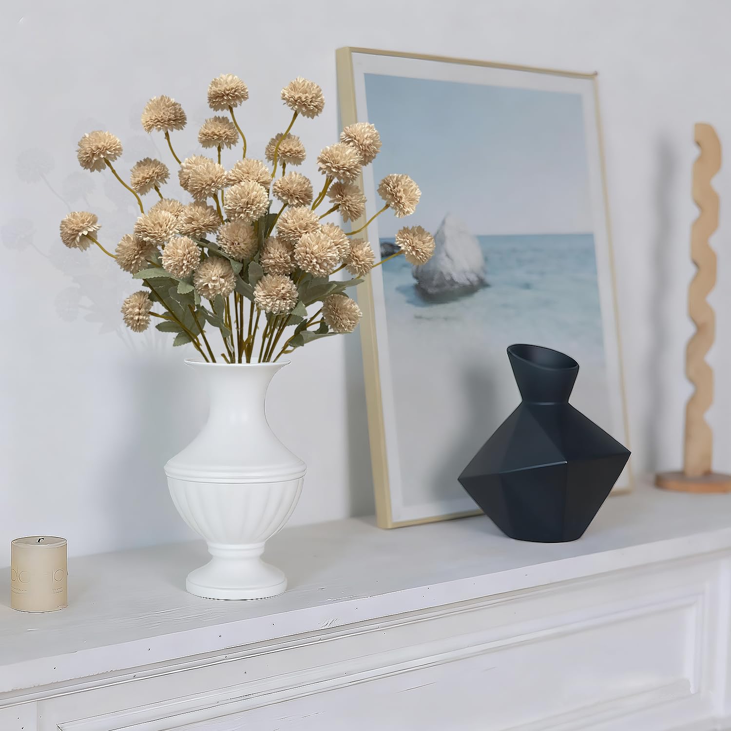 Artificial Flowers Faux Mums 6Pcs, Long Stem Faux Flowers For Vase, Artificial Chrysanthemums Kiku Flower Floral Stems For Home Decor, Baby Shower, Beige
