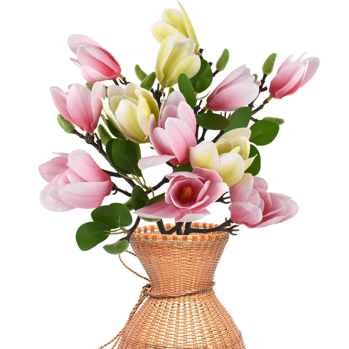3Pcs Artificial Magnolia Flowers, Fake Silk Magnolia Flower Real Touch Branches For Home Decor, Pink+Green