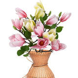 3Pcs Artificial Magnolia Flowers, Fake Silk Magnolia Flower Real Touch Branches For Home Decor, Pink+Green