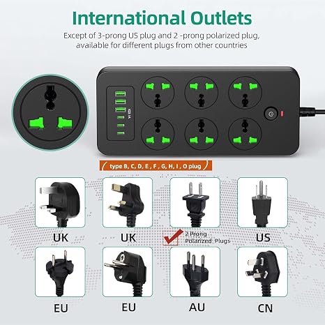 Universal Power Strip 6 Outlets 3 USB 3 USB C 3000W 110 240V Travel Adapter