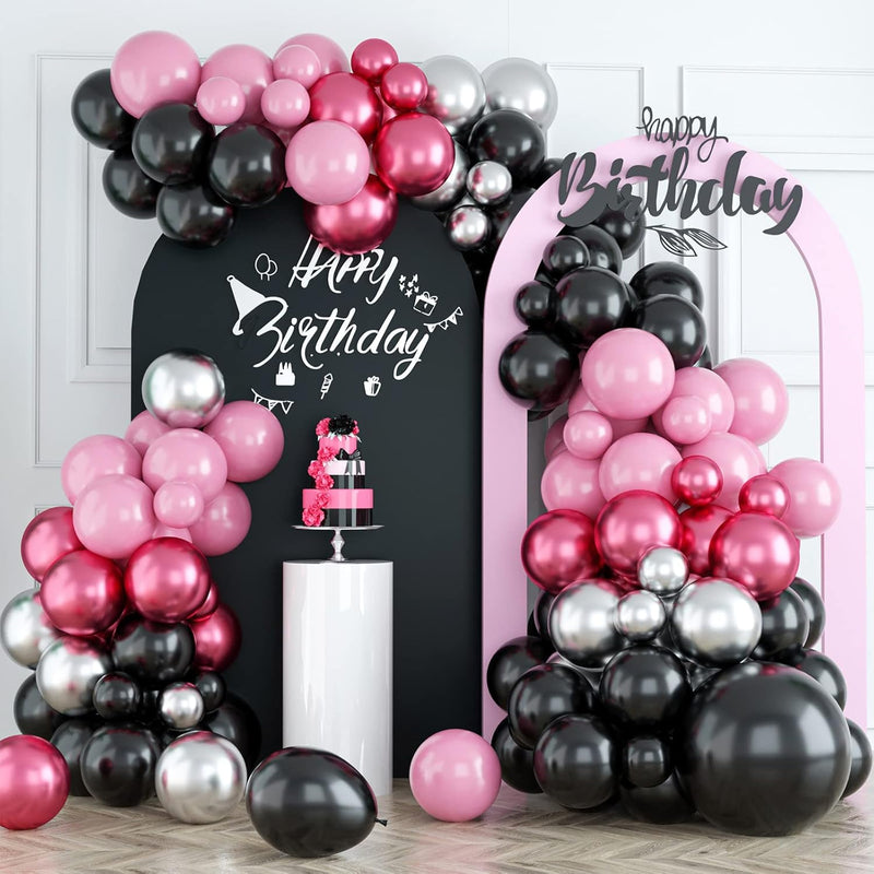 Pink Black Balloon Arch Kit, Pink Black Silver Balloon Garland Kit, Pi