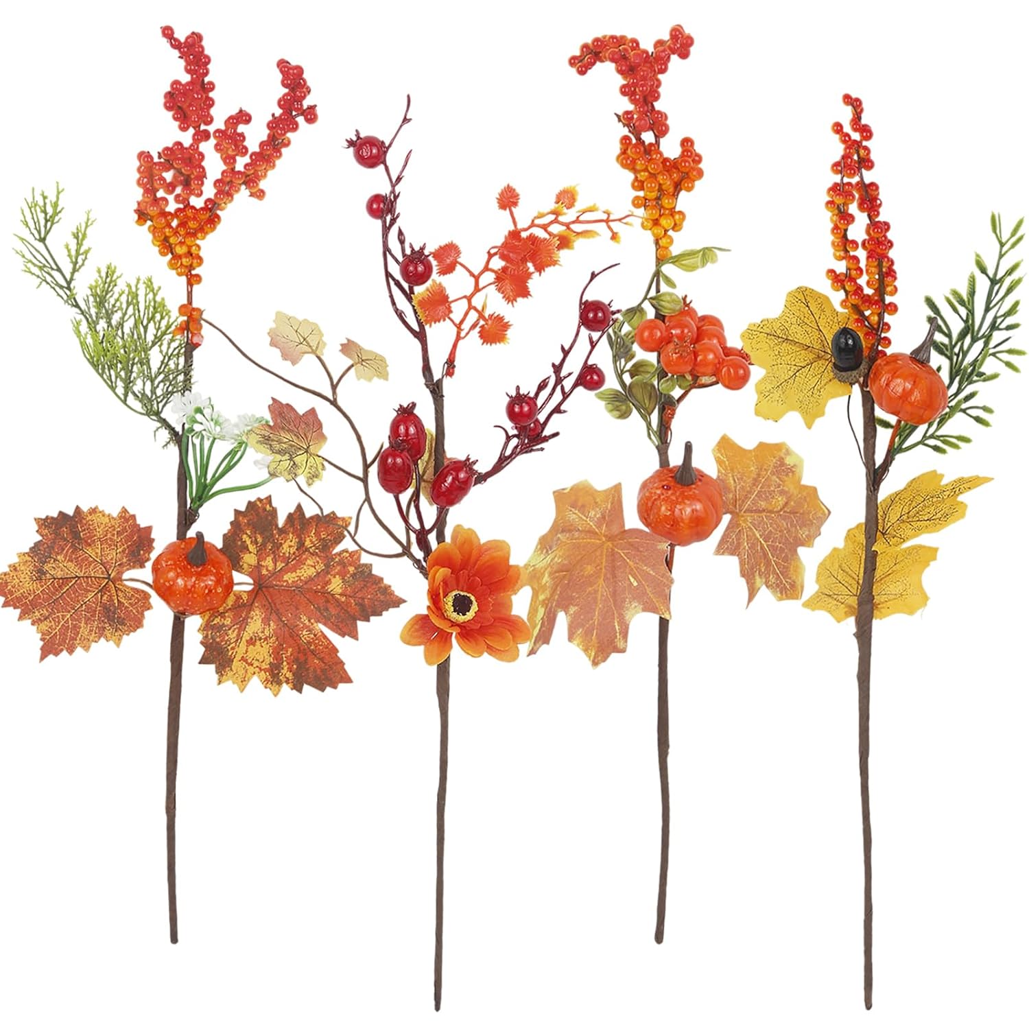 4 Pcs Artificial Fall Flowers For Decoration Fall Floral Picks Pumpkins Berries Maple Leaves Silk Mums Branches Floral Stems Bouquet For Autumn Harvest Vase Flower Arrangements Table Wedding
