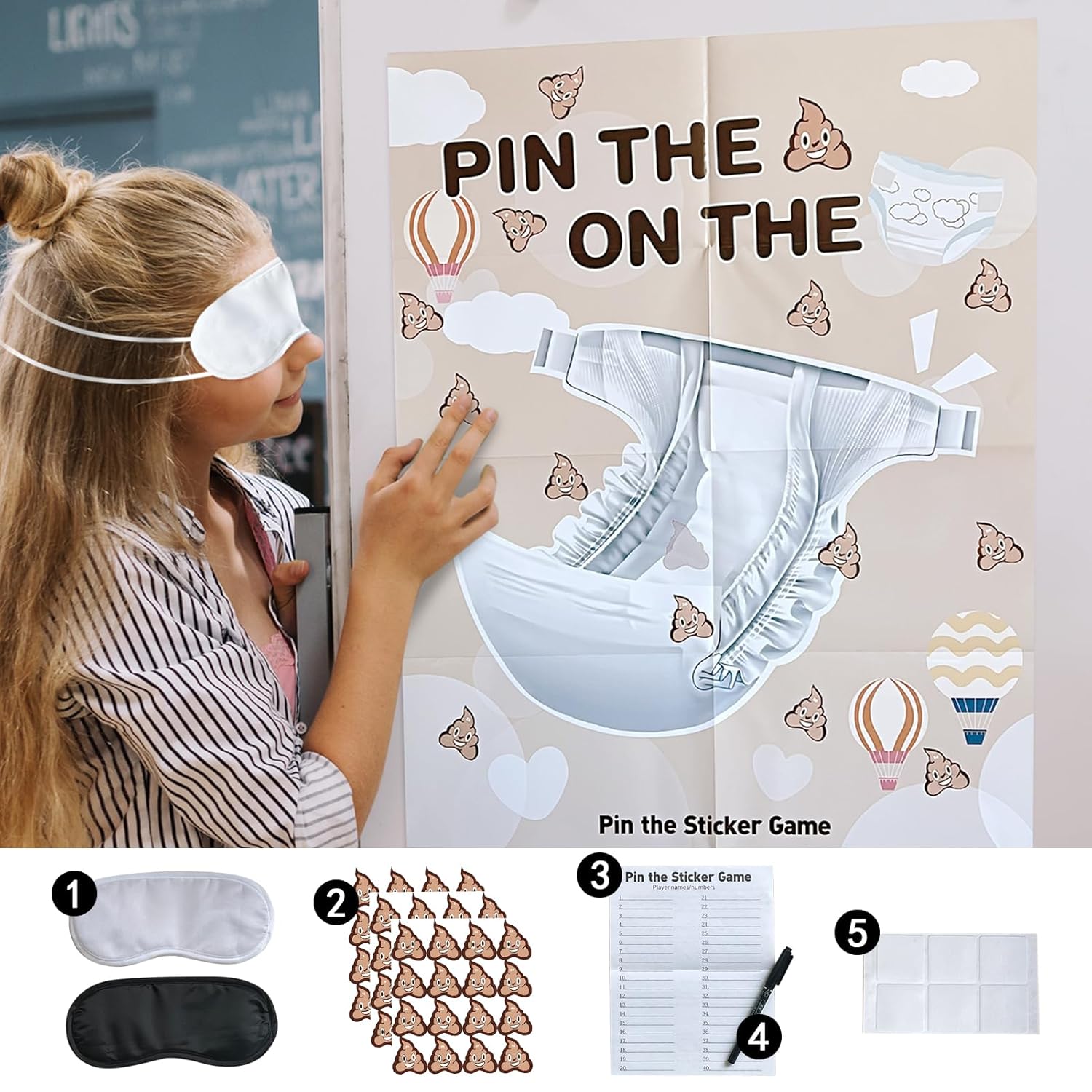 Baby Shower Games Set: Pin The Sticker On The Diaper Game & 50 Pcs Diaper Raffle Tickets With Box For Gender Reveal Party Decorations