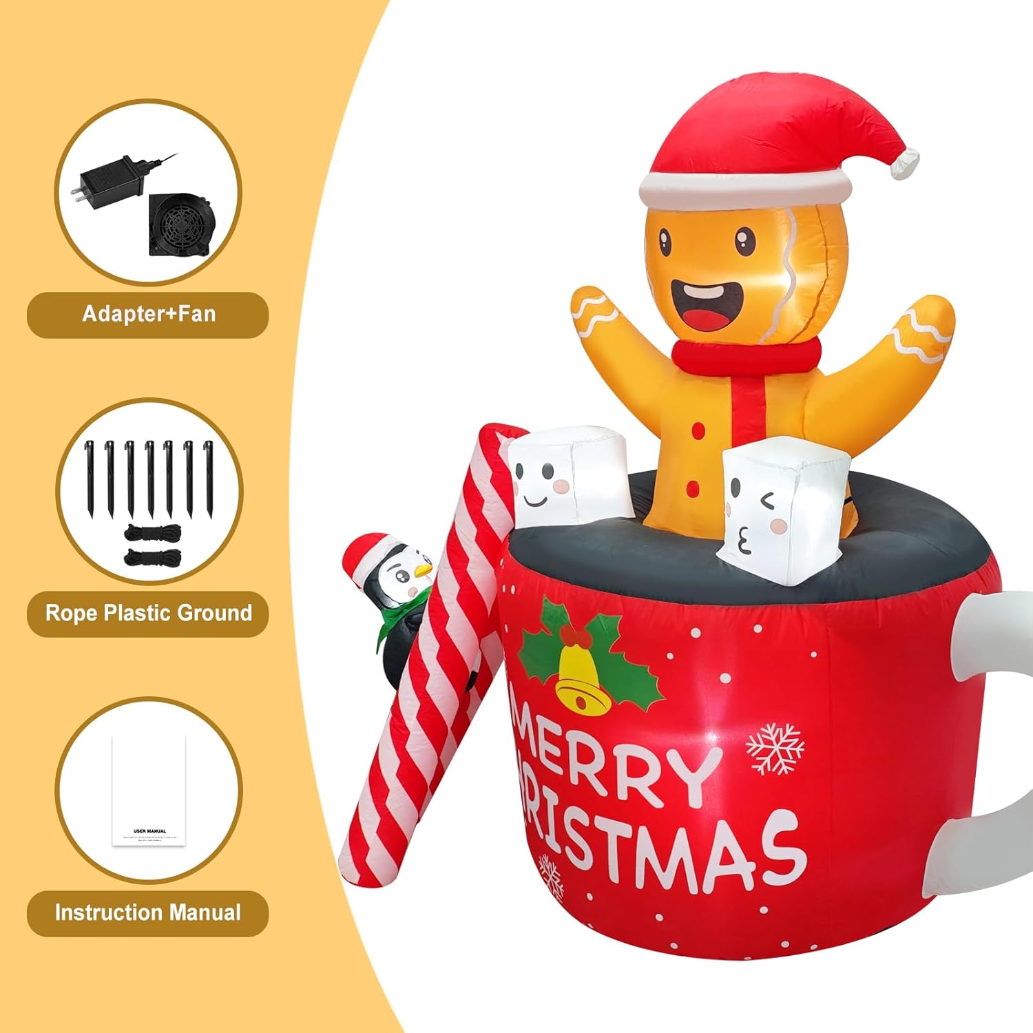 6Ft Christmas Inflatables Outdoor Decorations, Navidad Blow Up Gingerbread Swiming In Hot Cocoa Mug Scene With Penguin B