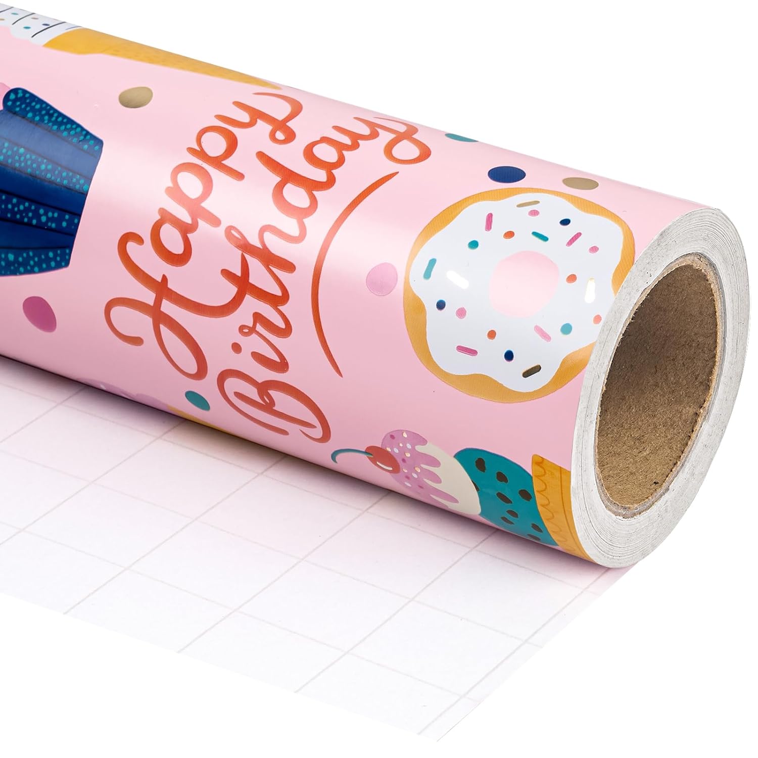 Birthday Wrapping Paper Roll - Mini Roll - 17 Inch X 33 Feet - Gold Foil Icecream Pink Happy Birthday Wrapping Paper For Kids Girls Celebration, Party, Baby Shower