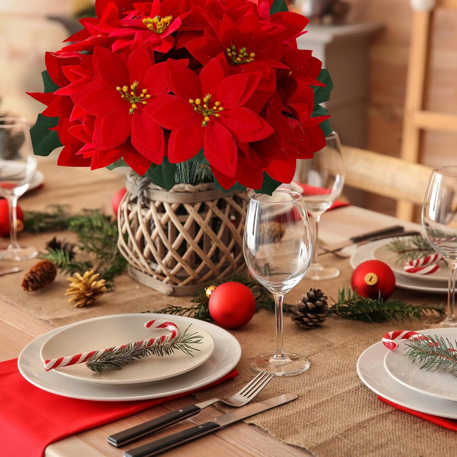 6 Pack Poinsettias Artificial Christmas Flowers Red 5 Heads Velvet Poinsettia Floral Bouquet Winter Holiday Indoor Outdoor Xmas Tree Ornament Porch Home Garden Decoration