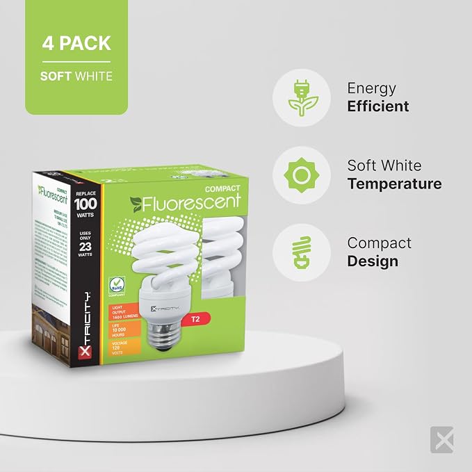 CFL Spiral Light Bulbs 4 Pack 23W 100W Equivalent 2700K Soft White E26 1600 Lumens