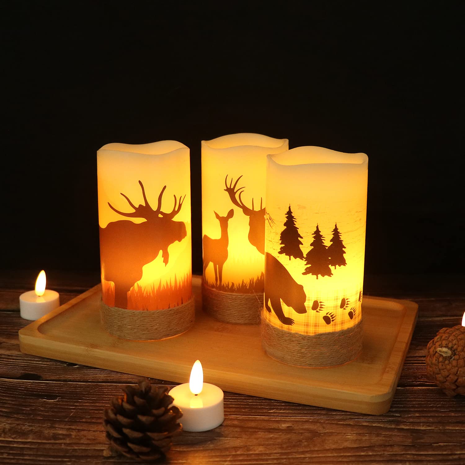 Flameless Flickering Led Candles With Hemp Rope And 6H Timer, Battery Operated Set Of 3 Real Wax Pillar Rustic Candles Warm Light With Deer, Moose, Bear Decals Decor Christmas Home(D3 X H6)