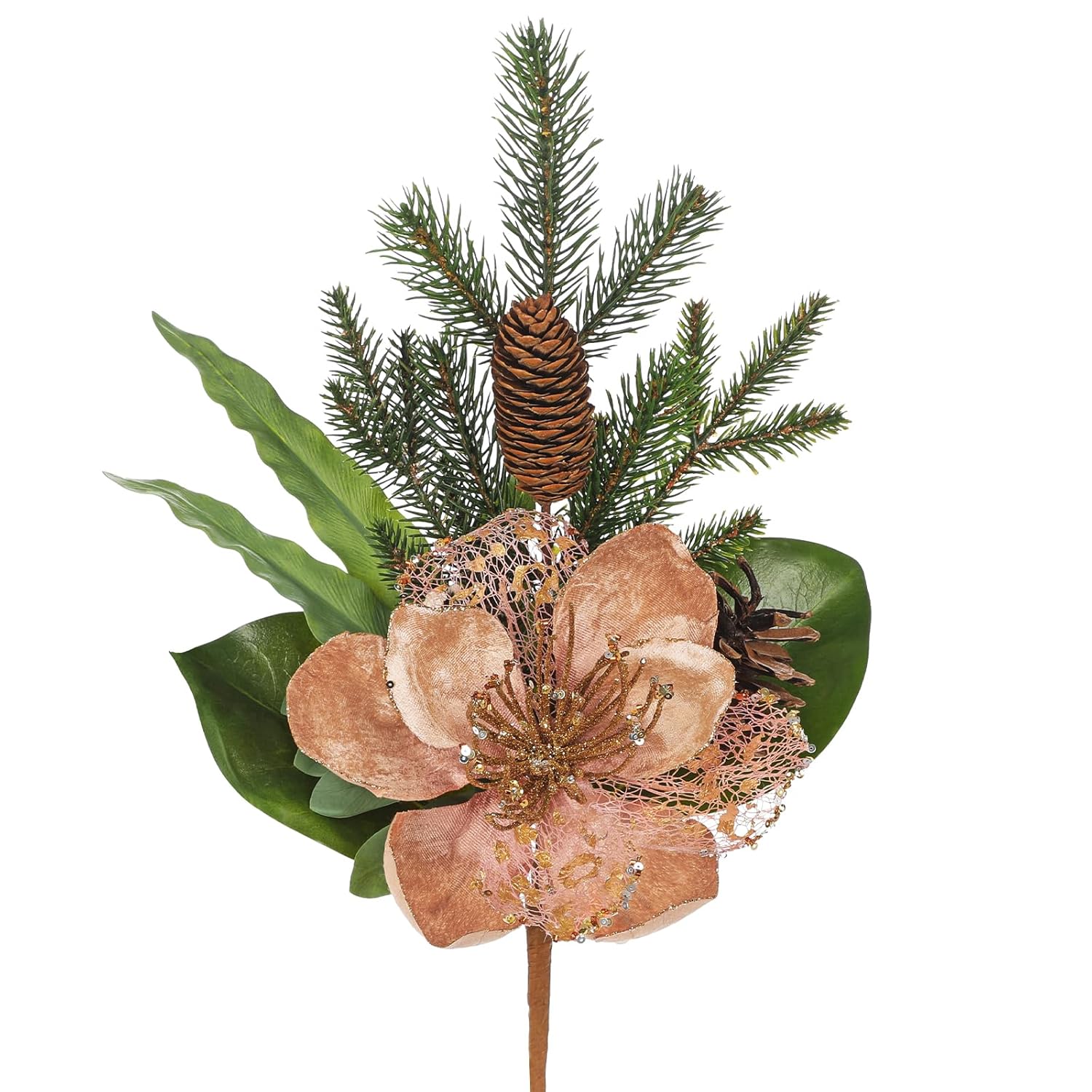 2 Pack 18.9In Christmas Magnolia Flower Picks, Artificial Magnolia Flower Spray With Pinecones For Xmas Tree Vase Floral Arrangements Wreath Decor