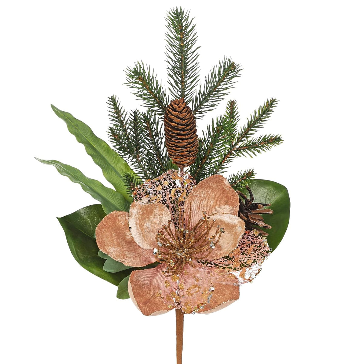2 Pack 18.9In Christmas Magnolia Flower Picks, Artificial Magnolia Flower Spray With Pinecones For Xmas Tree Vase Floral Arrangements Wreath Decor