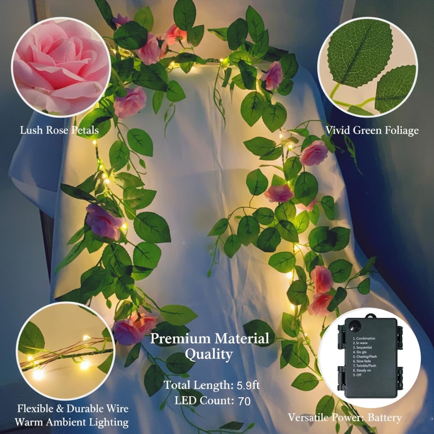 70 Led Artificial Rose Flower Garland With Lights Battery Operated With Timer & 8 Modes, 5.9 Ft Pink Flower Garland String Fairy Lights For Wedding Arch Party Garden Table Centerpiece Decor