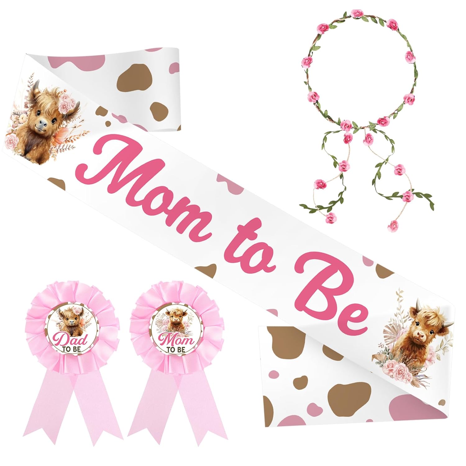Highland Cow Baby Shower Decorations Mom To Be Sash And Dad To Be Pin Flower Crown For Cow Baby Shower Gender Reveals Party Favors Pregnancy Props Gift