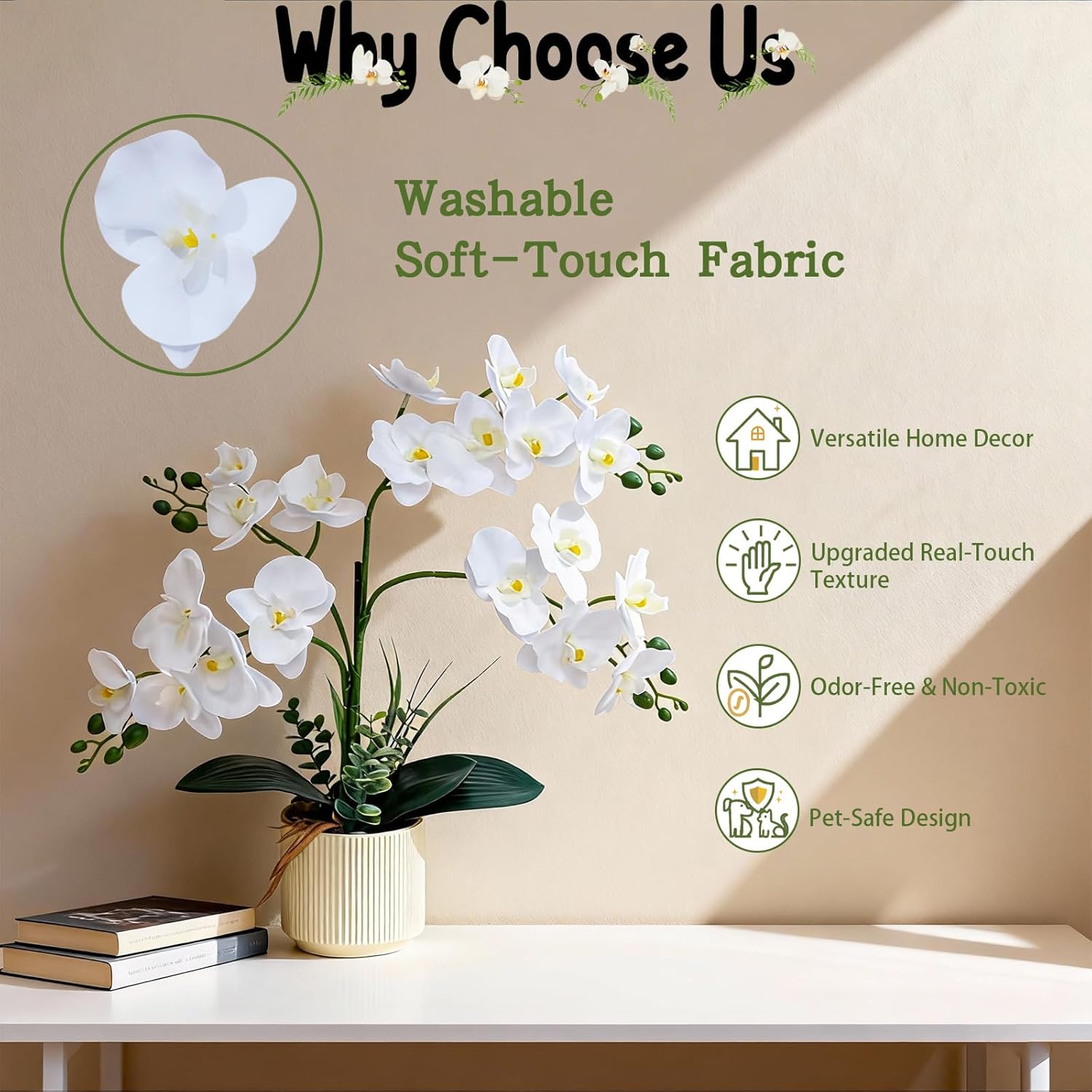 Upgraded White Artificial Orchid Flowers With Ceramic Vase Fake Orchids Real Touch Flowers For Home Decor Bathroom Decoration Table Centerpieces (White)