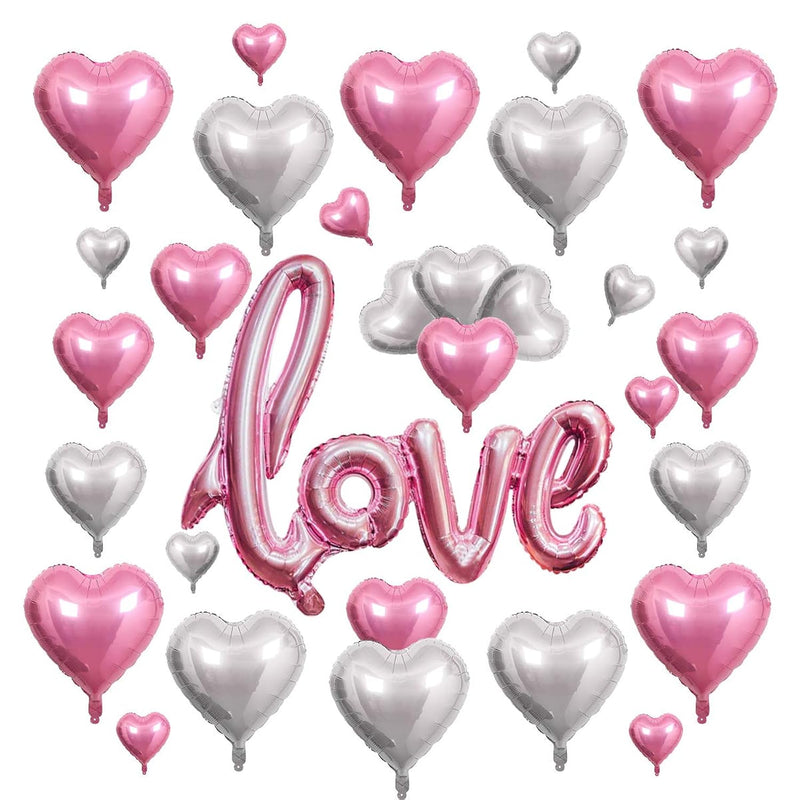 30 Pcs Love Heart Balloons Decorations Silver Pink Foil Balloons Roman