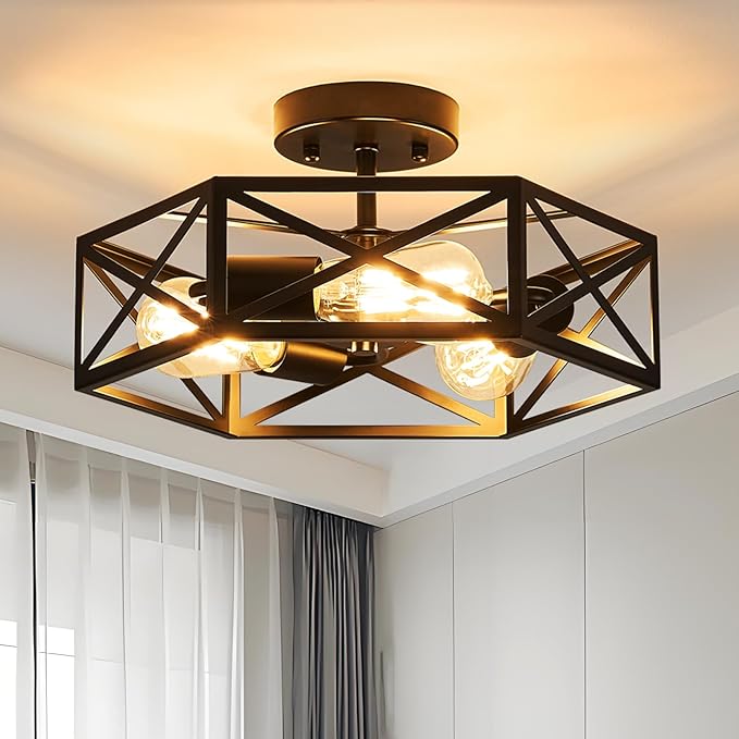 14.6 Inch Hexagon Farmhouse Ceiling Light Black Semi Flush Mount Fixture