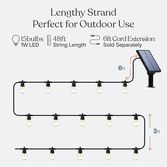 48FT Ambience Pro Solar Outdoor String Lights Commercial Grade Edison Patio Lights