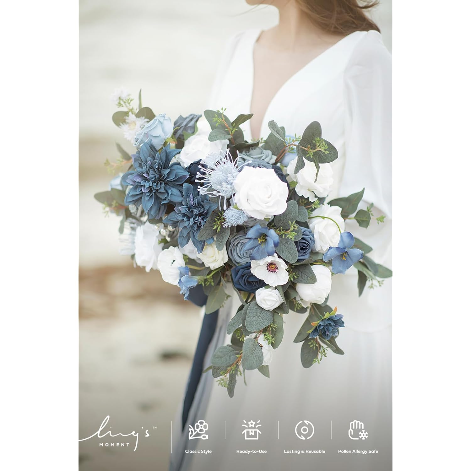 Fake Flowers Box, Faux Artificial Greenery Stems Foam Roses Silk Dahlia Fabic Flower For Centerpieces Bouquet Wedding Vase Floral Arrangement Decorations, Dusty Blue & Navy, Grand Combo
