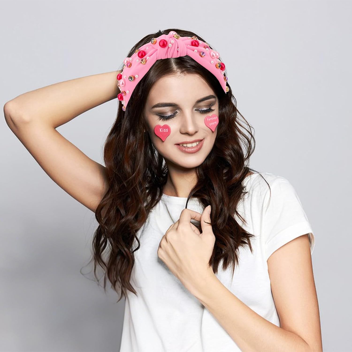 Valentine'S Day Headband For Women Girls Hot Pink Pearl Rhinestone Hairband Love Heart Knotted Headbands Crystal Jeweled Wide Top Knot Headpiece Valentines Hair Accessories Party Holiday Gifts