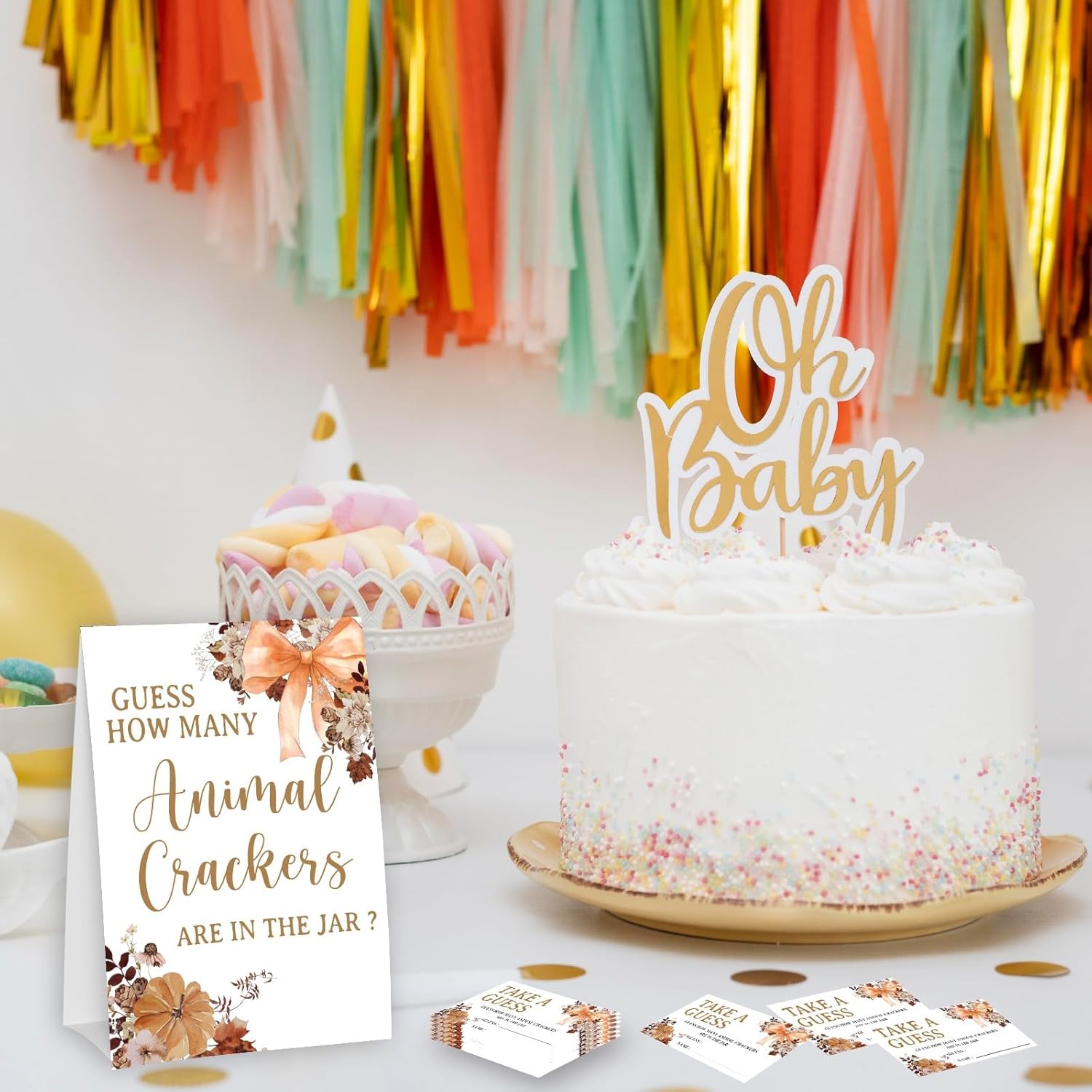 Bow Guess How Many Animal Crackers - Thanksgiving Baby Shower Card Set (1 Sign With 50 Guess Cards), Fall Florals Gender Reveal Party Favor Supplies -A08