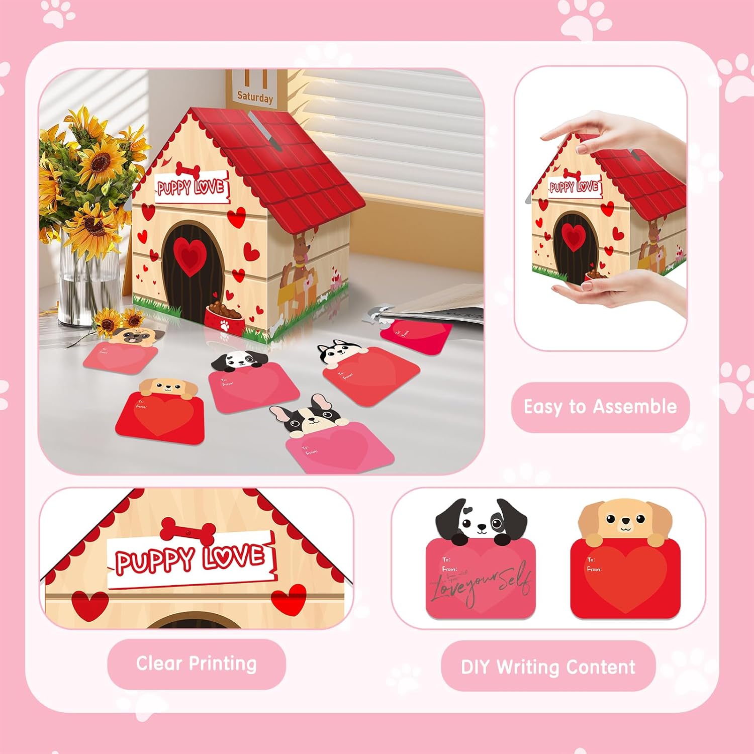Puppy Love Valentines Mailbox Kit Dog House Card Box With 30 Pcs Greeting Cards For Exchange Students Party Favor