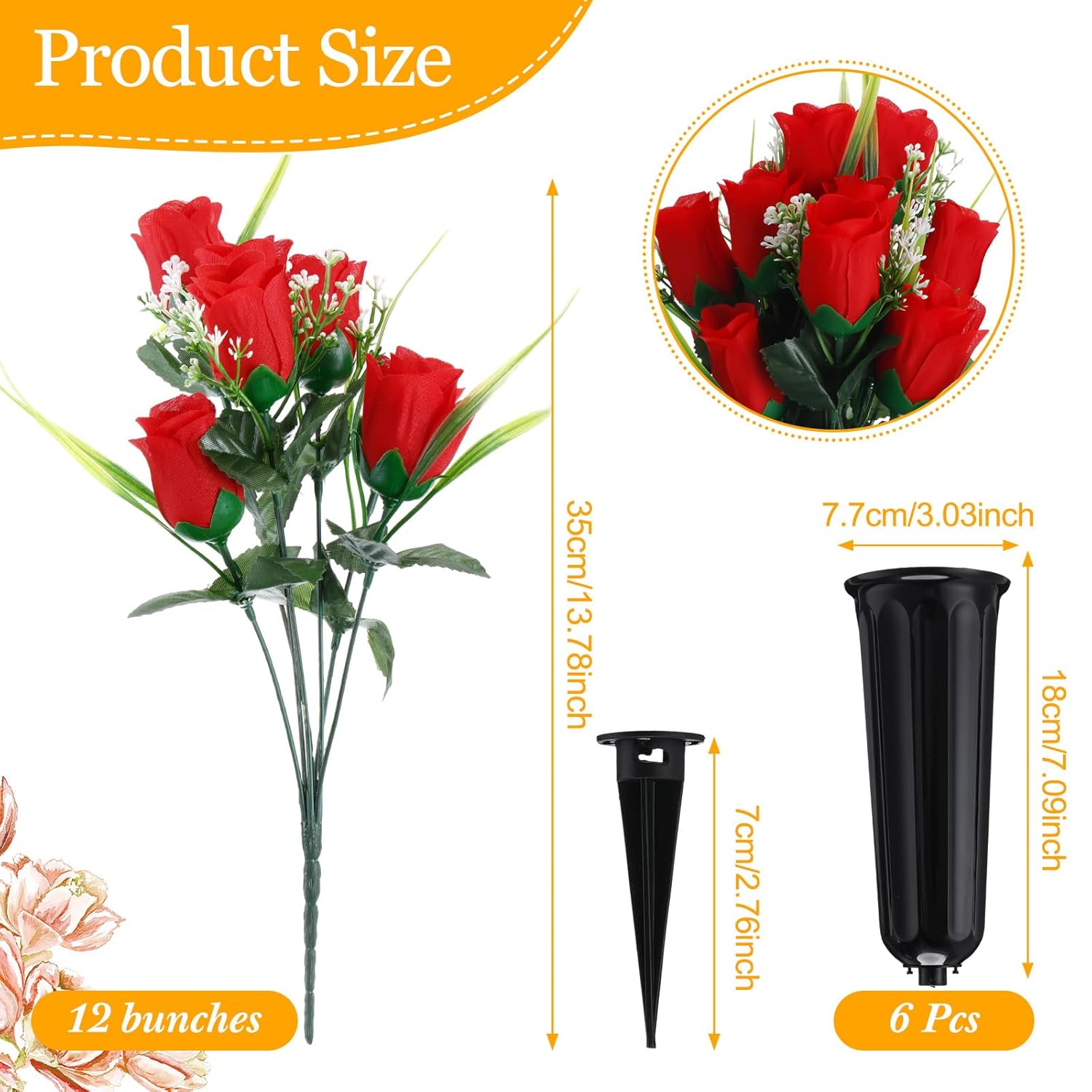 6 Sets Cemetery Flowers With Grave Vase 12 Bunches Memorial Day Artificial Rose Bouquet 84 Heads Fake Spring Silk Cemetery Flower For Graveside Decor(Red)
