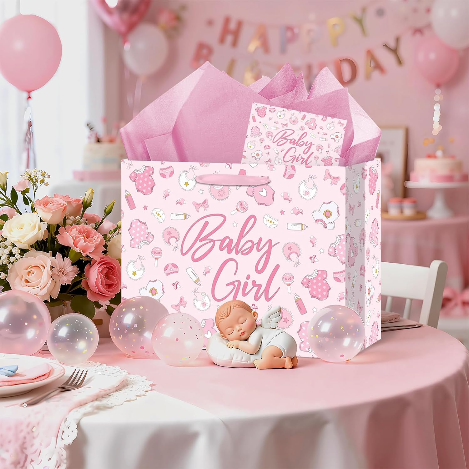Pink Baby Girl Gift Bag Set With Greeting Card Tissue Paper Pink Baby Shower Wrapping Paper Bag For Girls Birthday Party Decorations Gender Reveal Newborn Welcome Baby Girls Gift Wrap Supplies