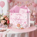 Pink Baby Girl Gift Bag Set With Greeting Card Tissue Paper Pink Baby Shower Wrapping Paper Bag For Girls Birthday Party Decorations Gender Reveal Newborn Welcome Baby Girls Gift Wrap Supplies