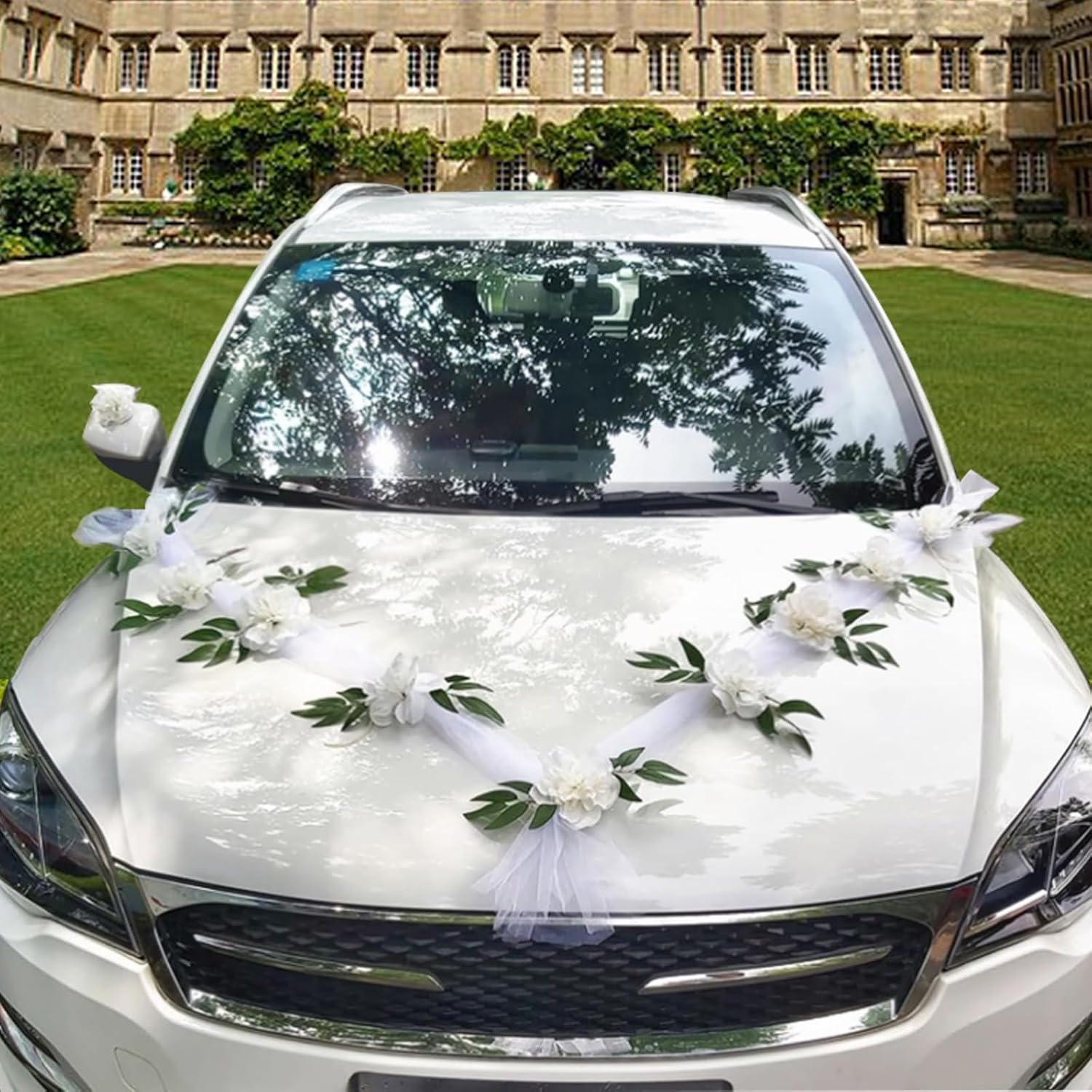Luxury Wedding Car Decor Kit With White Artificial Floral Garland And Satin Bows For Newlyweds Large Outdoor Use