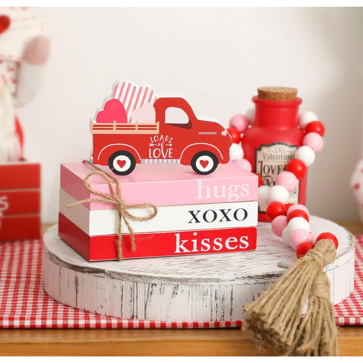 Valentines Tiered Tray Decor, Mini Wood Book Stack With Bead Garland For Valentine Decor, Hug Xoxo Kiss Mini Faux Decorative Books Bundle, Farmhouse Decor For Table Mantle Shelves