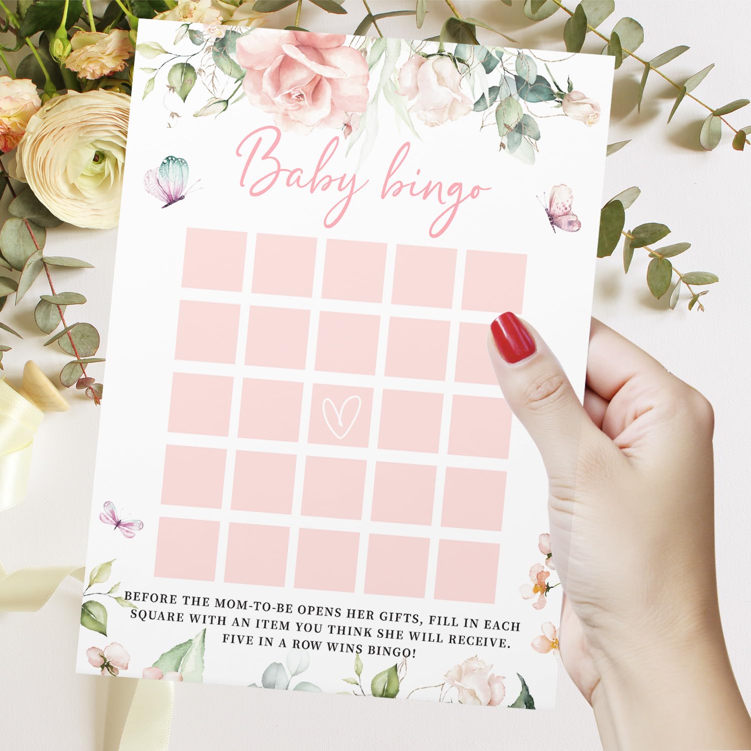 Z Baby Shower Bingo Game Girl, Baby Bingo, Set Of 50, Ros Flower Theme Party Cards
