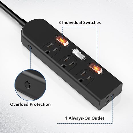 Small 4-Outlet Power Strip with 3 Individual Switches and 3FT Cord
