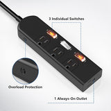 Small 4-Outlet Power Strip with 3 Individual Switches and 3FT Cord