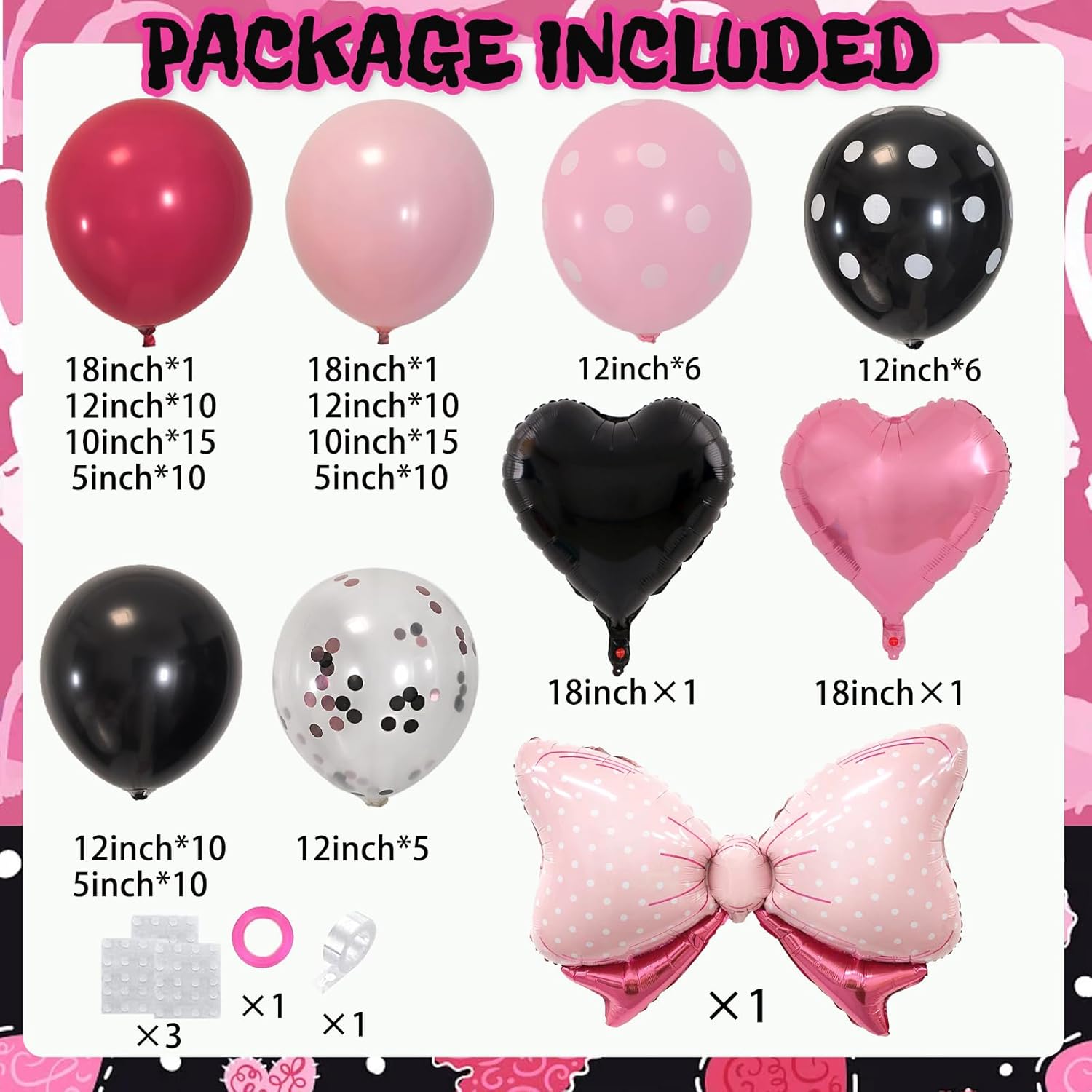 Pink And Black Balloon Arch Kit Black Pink Polka Dot Balloons Valentines Balloons With Bow & Heart Balloons For Bow Birthday Galentines Decorations Bachelorette Princess Party Baby Shower