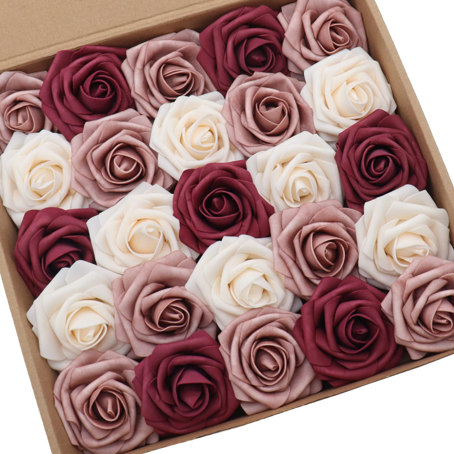 25Pcs Artificial Flower Cream & Dusty Rose & Burgundy Rose With Stem For Diy Wedding Bouquets Arch Floral Arrangements Wedding Flower Backdrop Bridal Shower Baby Shower Party Home Decor