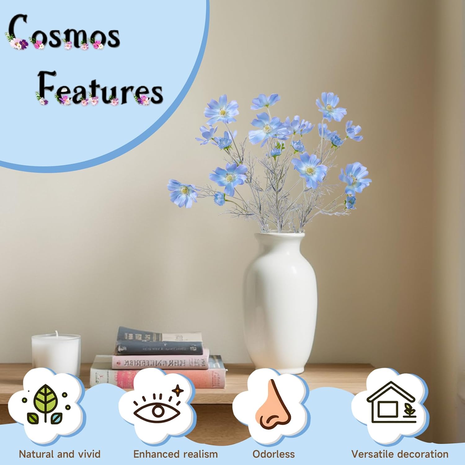 4Pcs 24Inch Light Blue Cosmos Branches Artificial Flowers,Light Blue Fake Flowers, Vase Decor Flowers, For Home Decoration Artificial Flowers