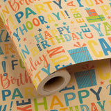 Kraft Birthday Wrapping Paper For Boys & Girls - Colorful Happy Birthday Pattern - Great For Parties & Baby Showers - Mini Roll - 17 Inches X 33 Feet