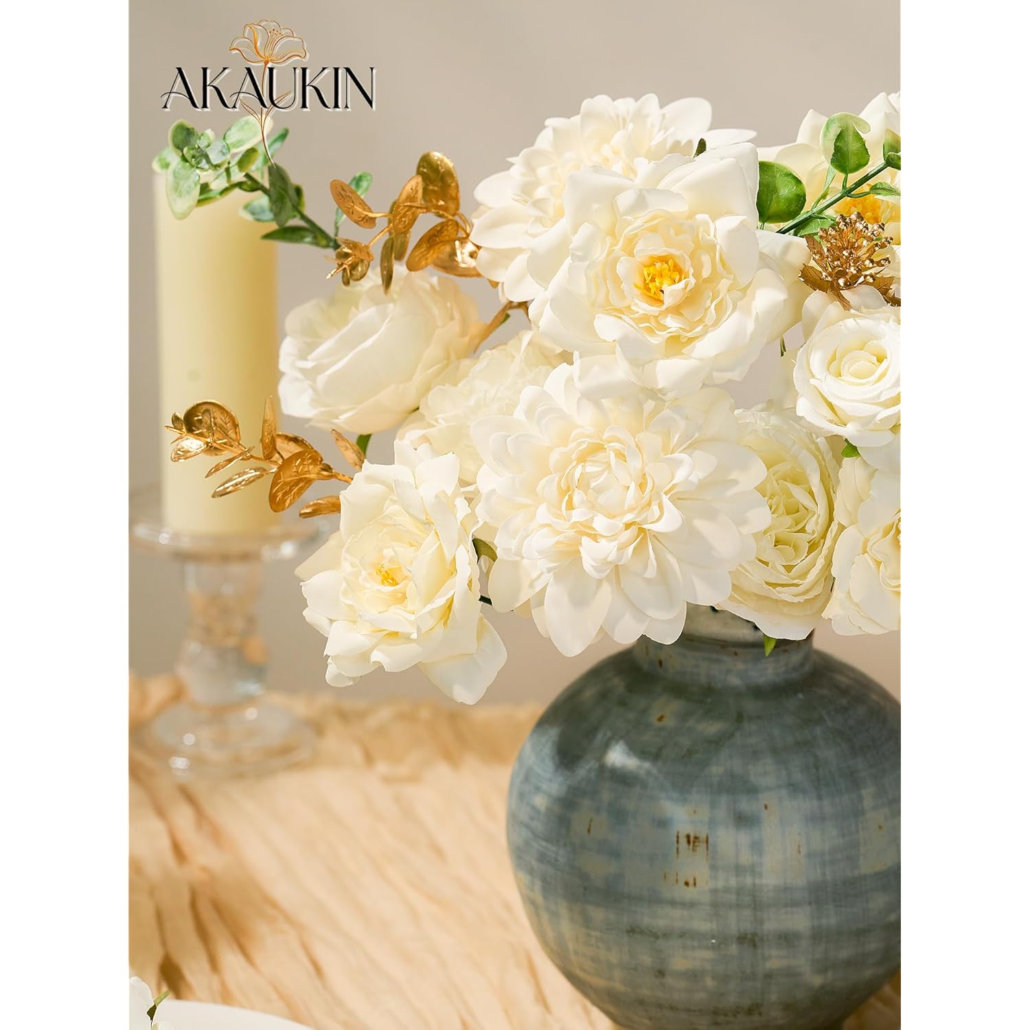 White Artificial Flowers Combo, Fake Silk Dahlia, Roses, Chrysanthemum Balls With Stems For Wedding Bridal Bouquets, Baby Shower, Party, Table Centerpieces, Home Decor & Diy Floral Arrangements