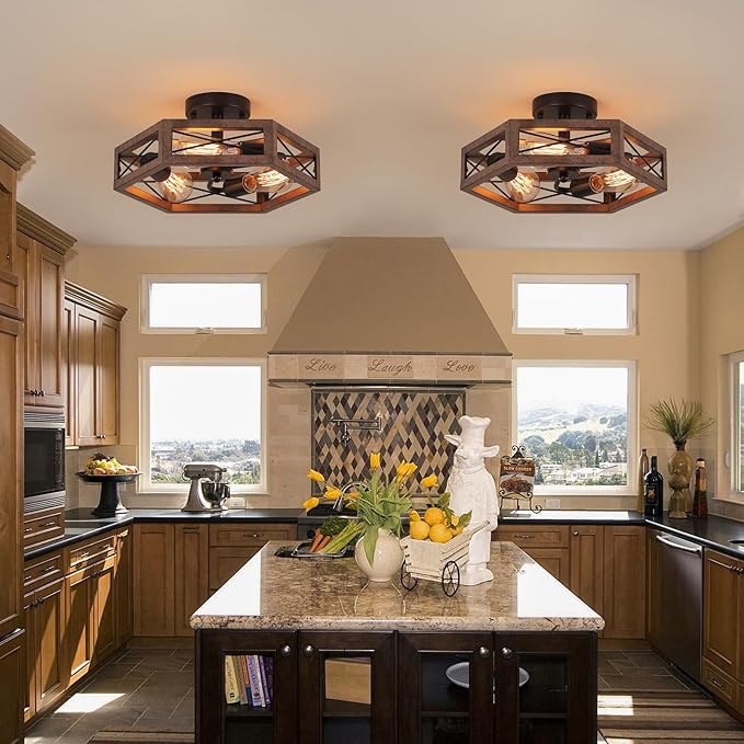 14.5 Inch Rustic Farmhouse Ceiling Light Antique Oak Hexagon Cage 3 Light Fixture