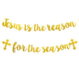 Jesus Is The Reason For The Season Banner, Gold Glittery Christmas Holiday Banner, Funny Christmas Decorations Banner, Christmas Vacation Decorations,Christmas Holiday Decorations Xmas Decorations