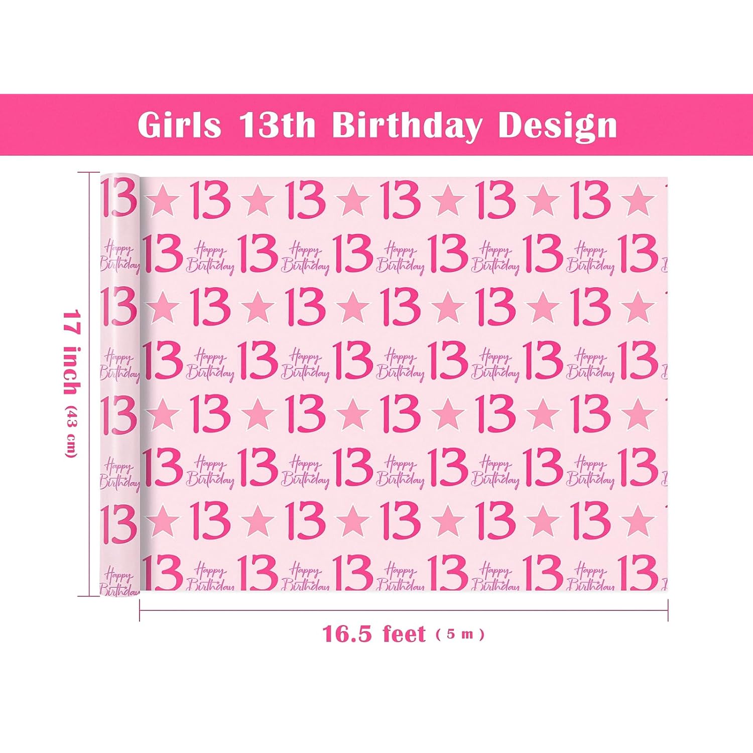 Girl 13Th Birthday Wrapping Paper - Mini Roll - 17 Inch X 16.5 Feet - Teen Girl Pink Stars With 13 Happy Birthday Design Perfect For Party, Holiday