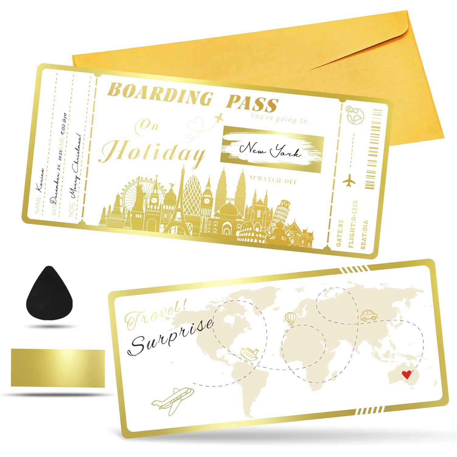 Boarding Pass Gift Ticket, Golden Flight Ticket Scratch-Off Card With Envelope, Unique Plane Ticket Gift, Scratch & Reveal Surprise Airplane Ticket For Vacation, Trip, Birthday, Girlfriends