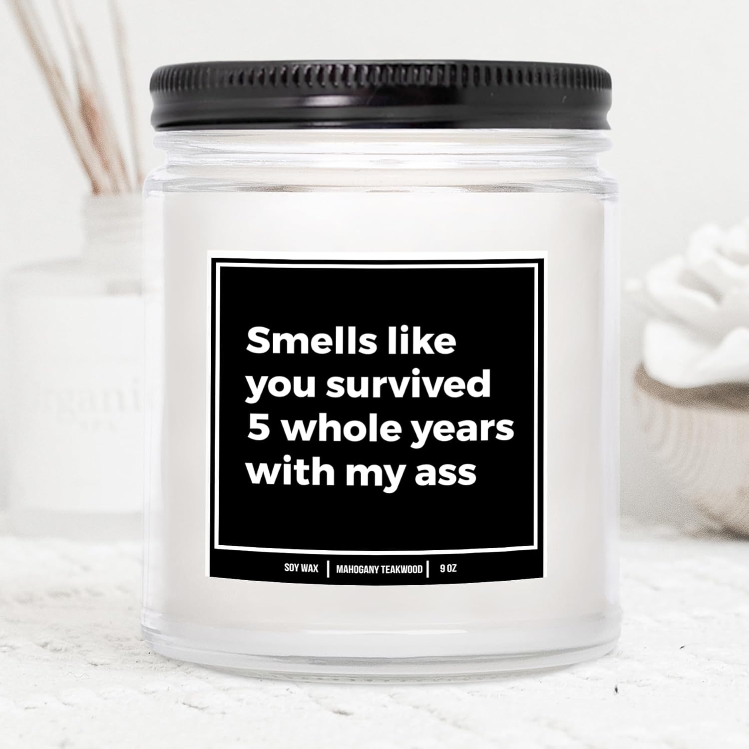 You Nique Designs 5 Year Marriage Anniversary Candle 9Oz, 5 Year Anniversary Ideas For Her, Him, Men, Women, 5Th Gifts For Husband, Wife, 5 Year Wedding (Mahogany Teakwood)