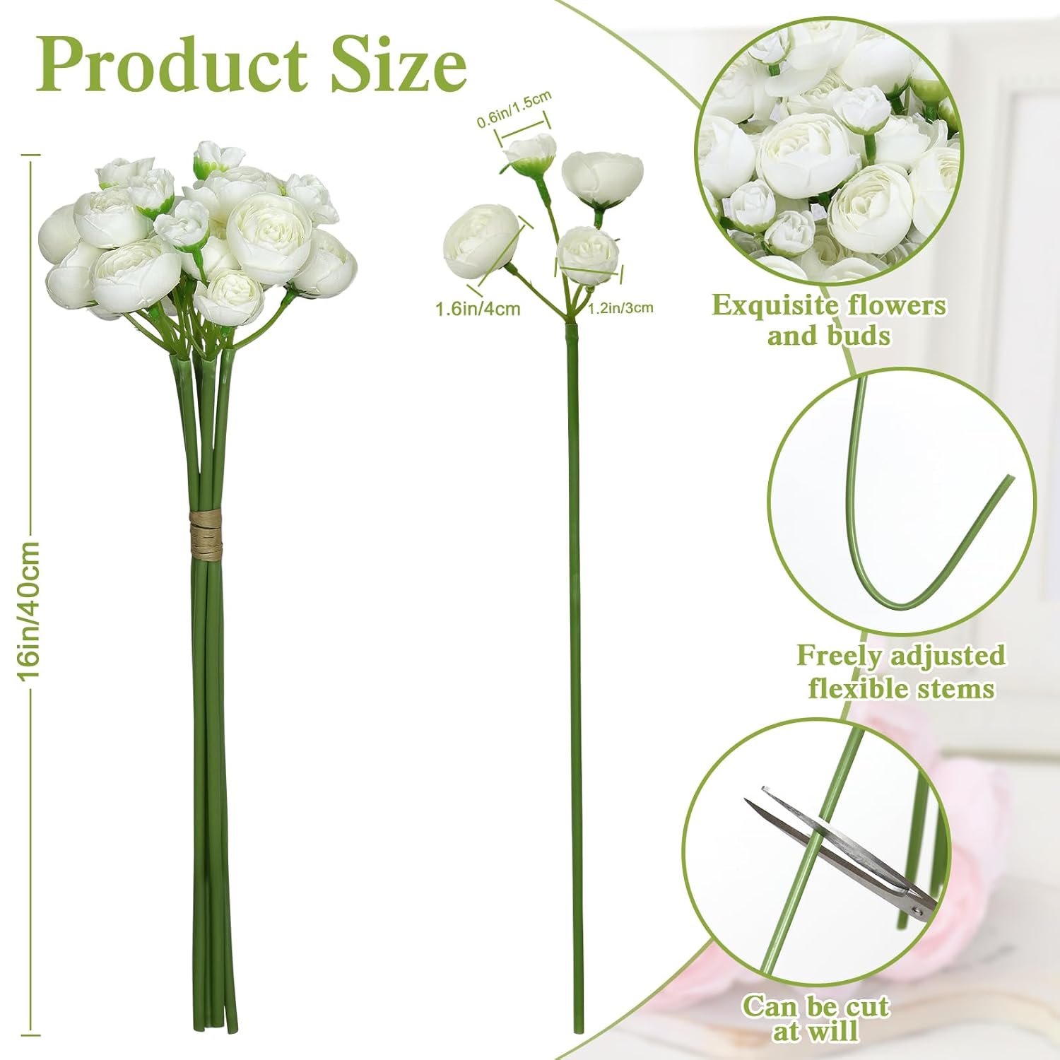 Ranunculus Artificial Flower White Faux Silk Mini Peony Flowers Fake Peonies Wedding Flowers Diy Bouquet For Centerpieces Arrangements Bridal Shower Decorations 18 Pcs(White)