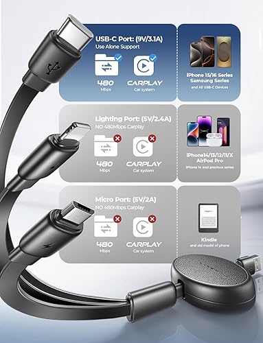 3 in 1 Retractable Multi Charging Cable for iPhone 17 16 15 Samsung Galaxy S25 Kindle Car Charger Cord