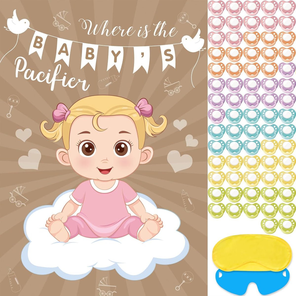 Baby Shower Game Pin The Pacifier On The Baby Game With 72 Pcs Pacifier Stickers, Large Baby Party Games Poster For Girls Kids Baby Shower Party Birthday Party Supplies