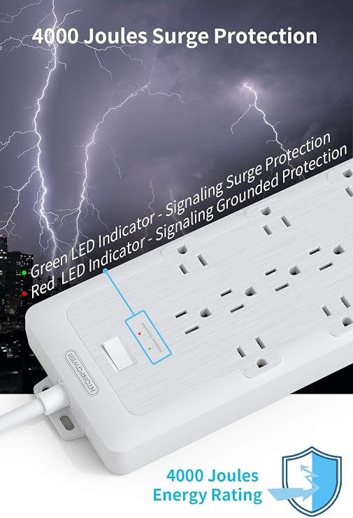 4000J Surge Protector Power Strip 12 Outlets 10 Ft Heavy Duty Extension Cord