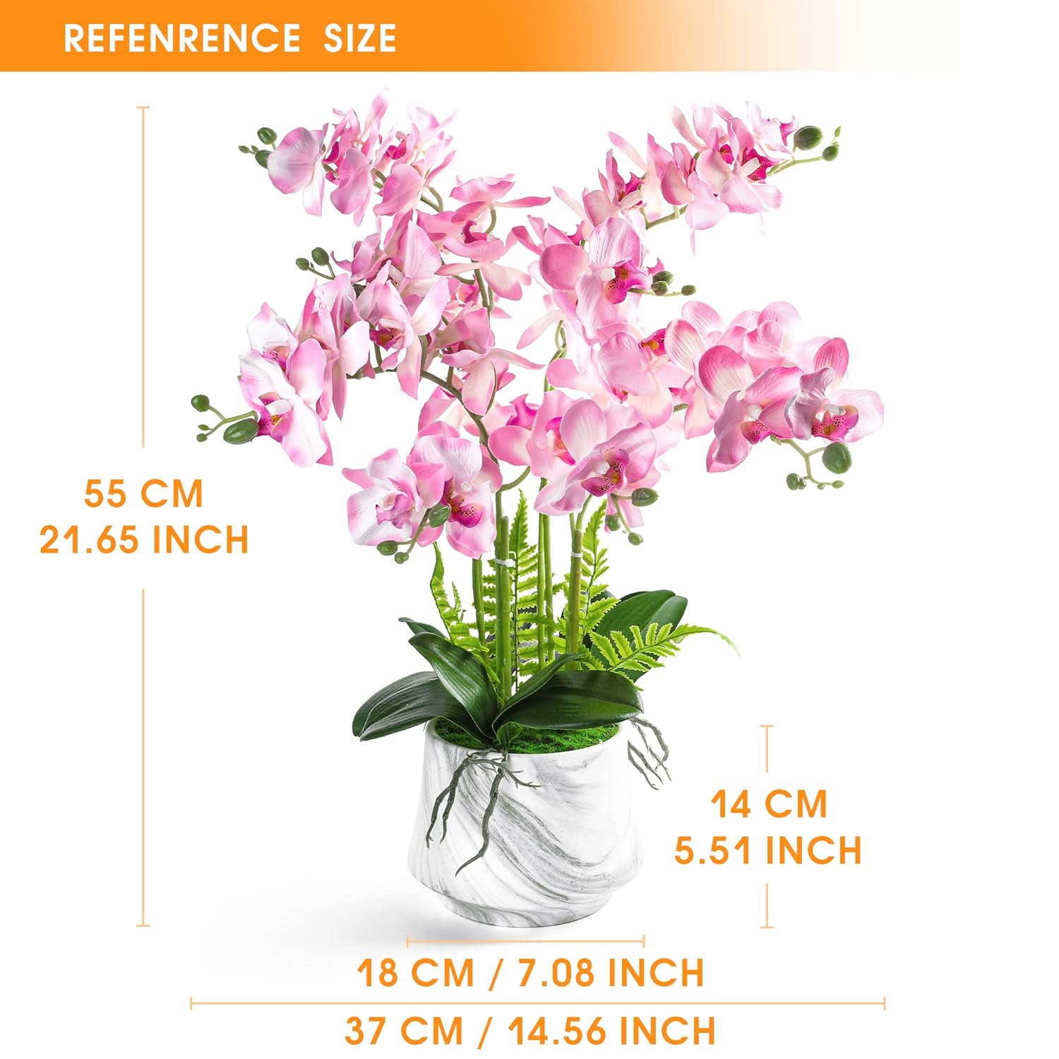 Artificial Orchid Plants And Flowers With Vase, Fake Faux Silk Orchid In Ceramic Pot, 24'', Pink