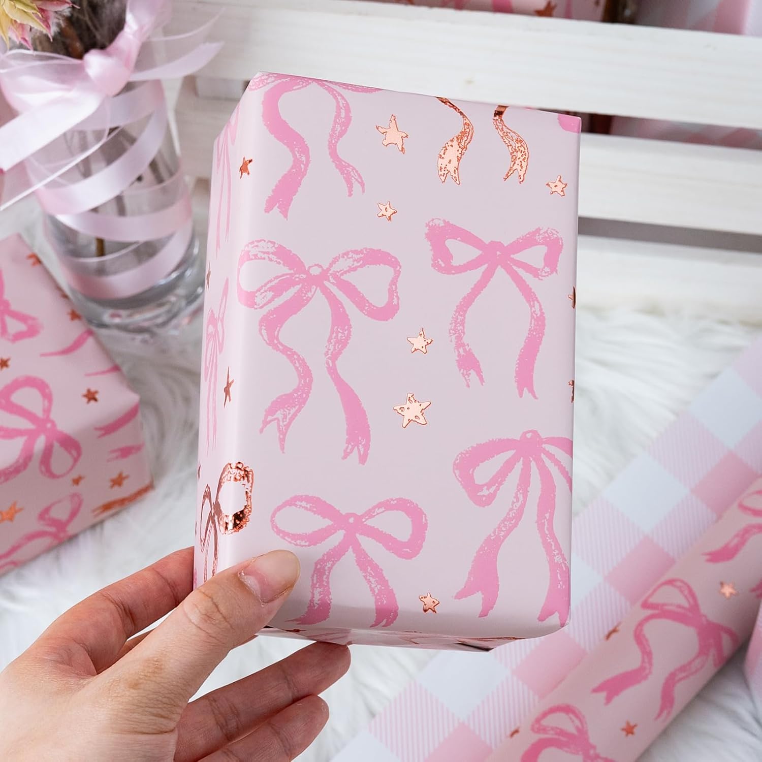 Pink Wrapping Paper Roll, Cute Bow Gift Wrap, Reversible Plaid Gift Paper For Girl Baby Shower, Birthday, Wedding 17 Inch X 33 Feet