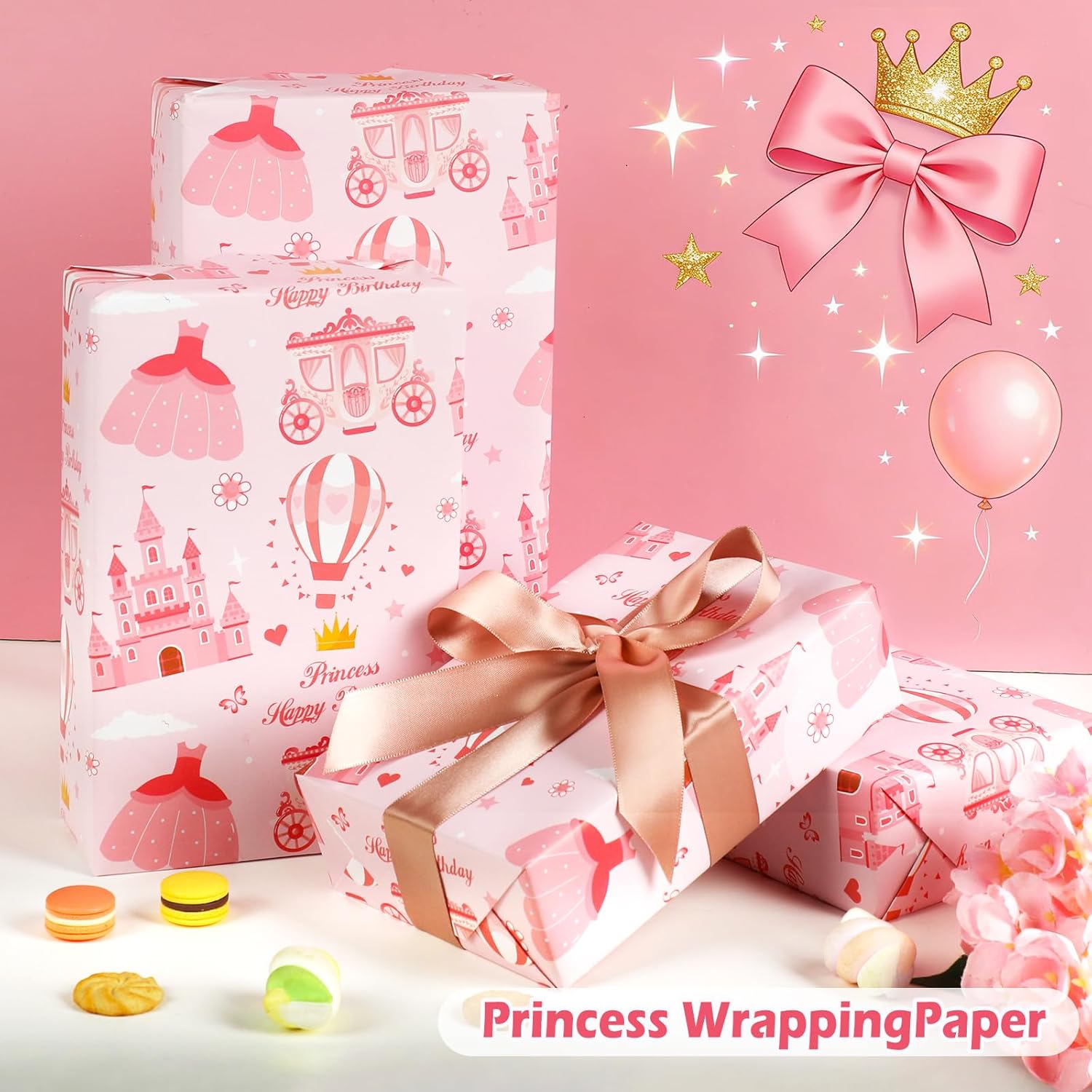 Princess Castle Birthday Wrapping Paper Roll For Girls Pink Princess Gift Wrap Paper With Crown Carriage Hot Air Balloon Design For Baby Shower Holiday Party Decor, 17 Inch X 16.4 Feet