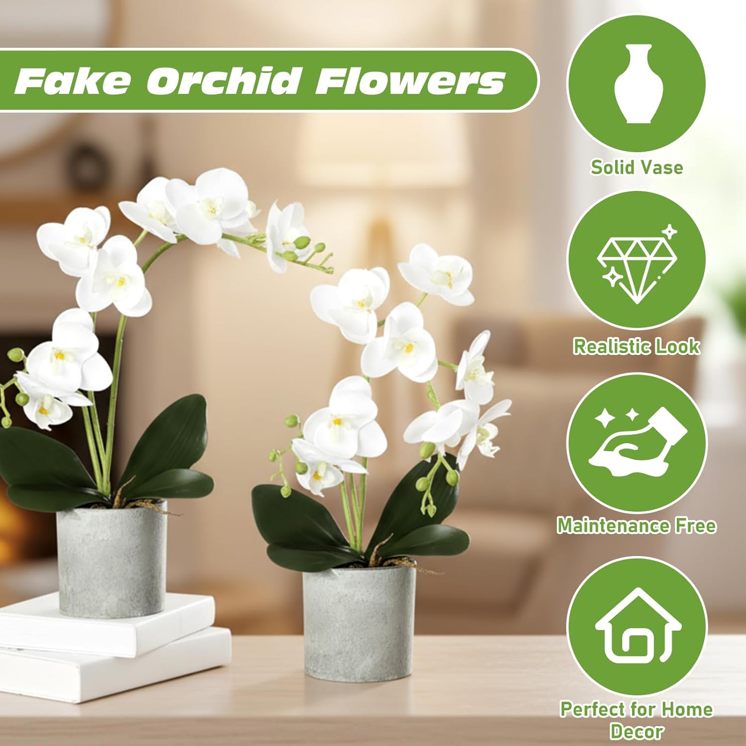 2 Pcs Fake Orchids Flowers In Pot Faux Orchids Artificial Floral Phalaenopsis With Vase For Home Wedding Table Centerpiece Bathroom Indoor Room Office Desk Decoration